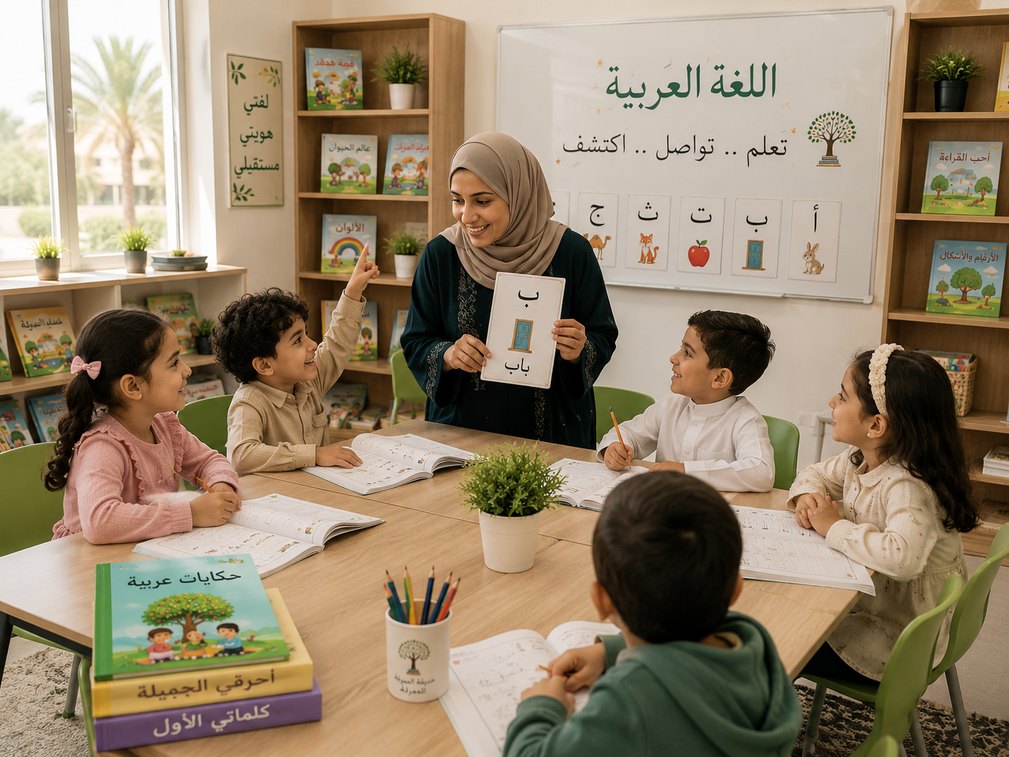 Children learning Arabic with a teacher at The Garden of Knowledge in Bahrain
